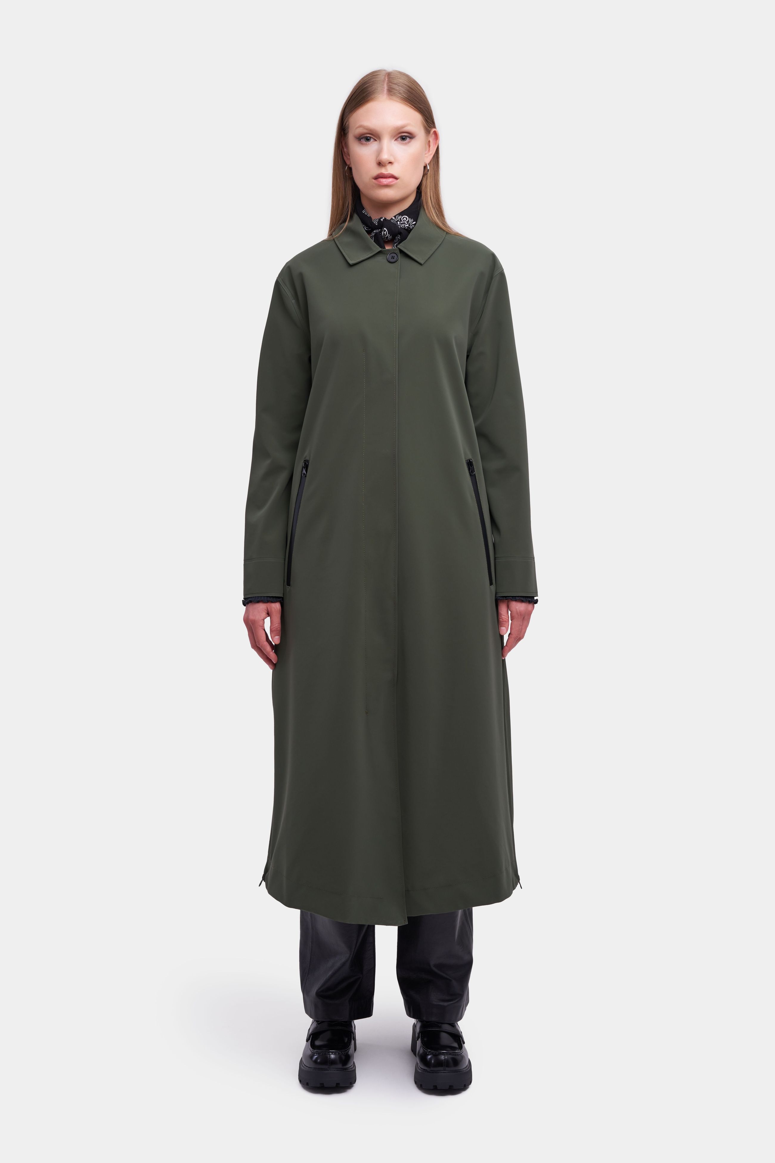 stutterheim hornstull matte long raincoat dark green women jackets trench-coats