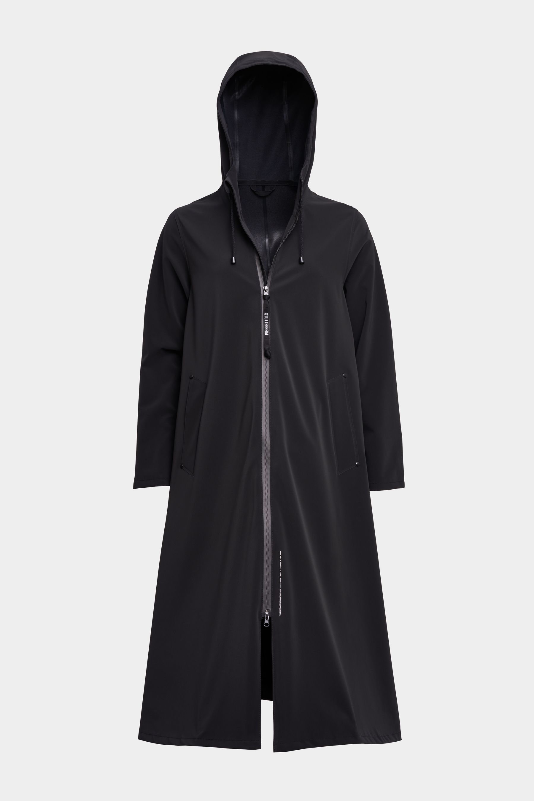 stutterheim mosebacke long matte zip raincoat black women jackets raincoats