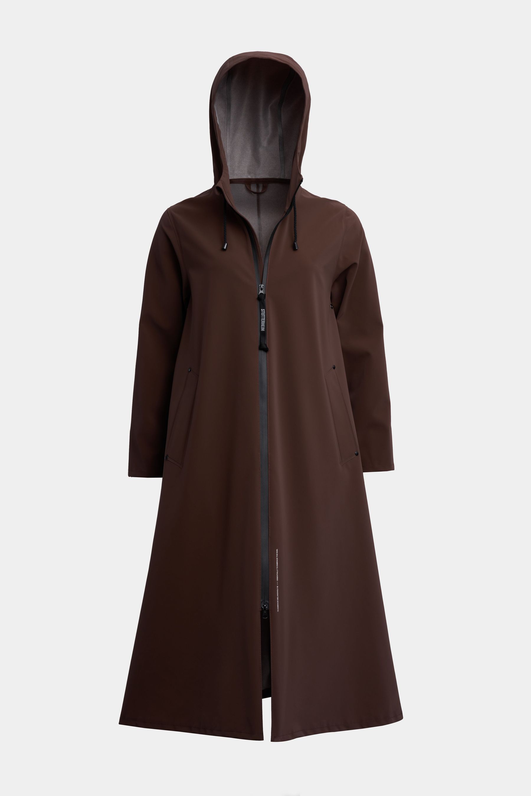 stutterheim mosebacke long lightweight matte zip raincoat dark brown women jackets raincoats