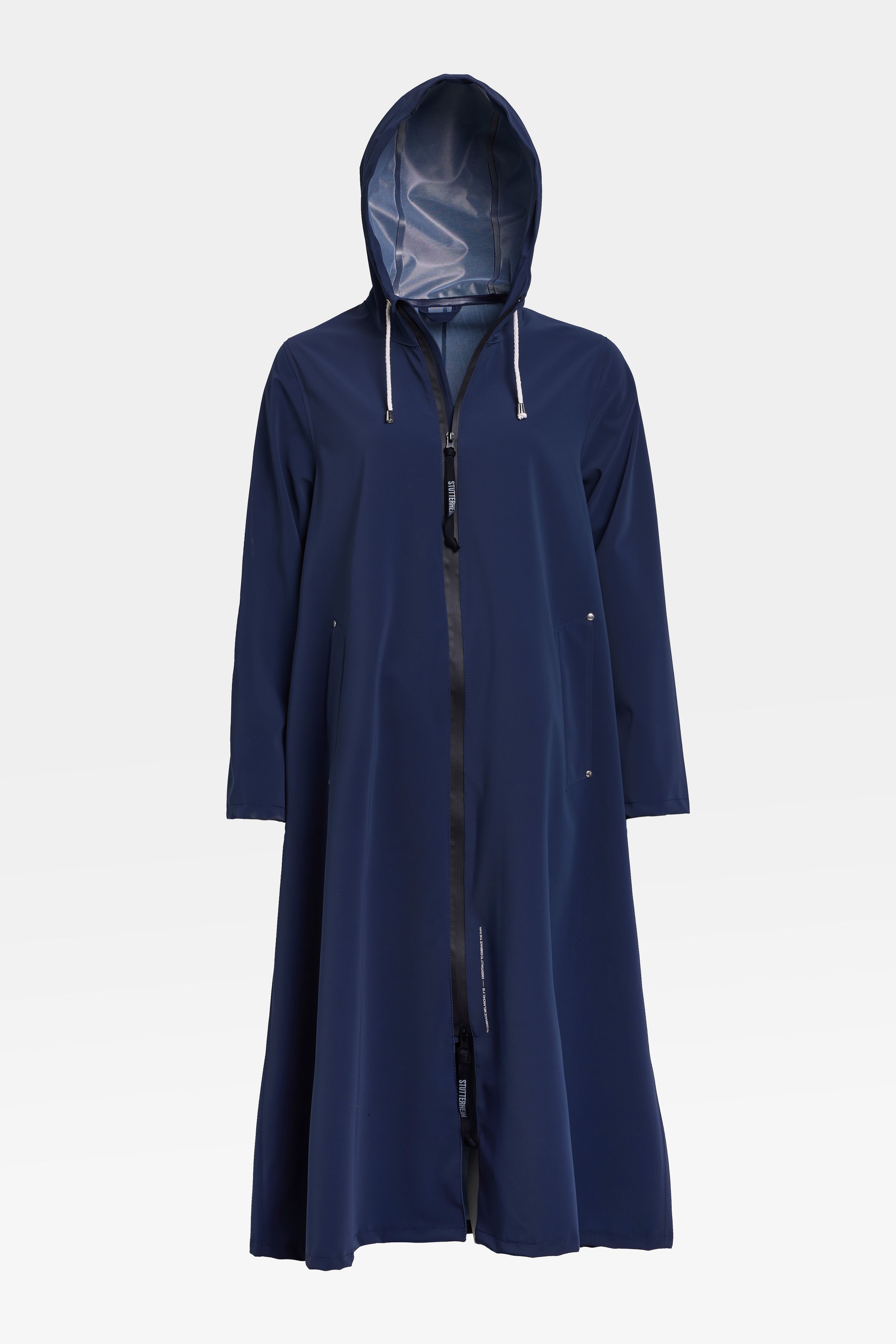 Stutterheim Mosebacke Long Lightweight Zip Matte Raincoat In Blue