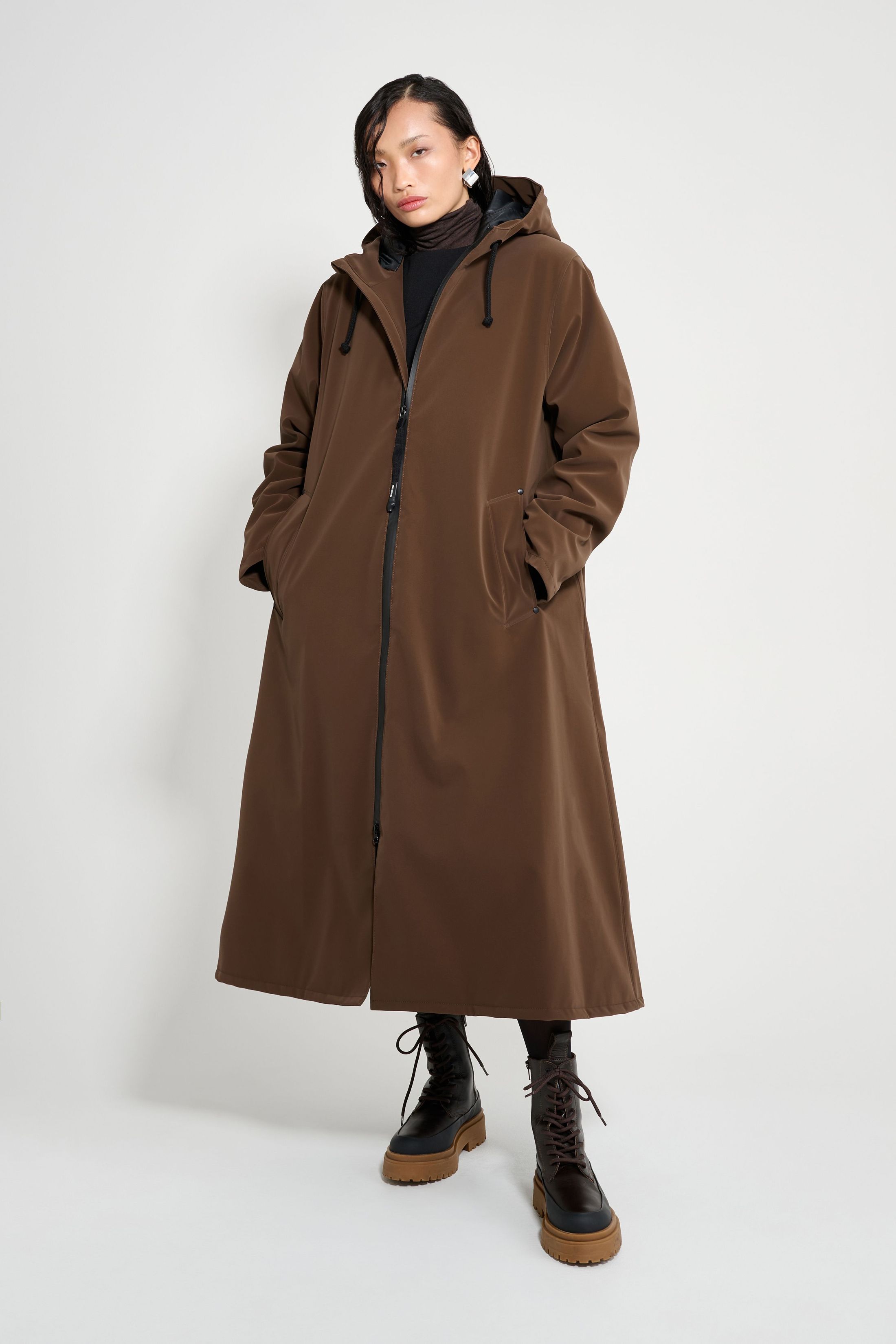 stutterheim mosebacke long matte winter coat dark brown women jackets winter-coats