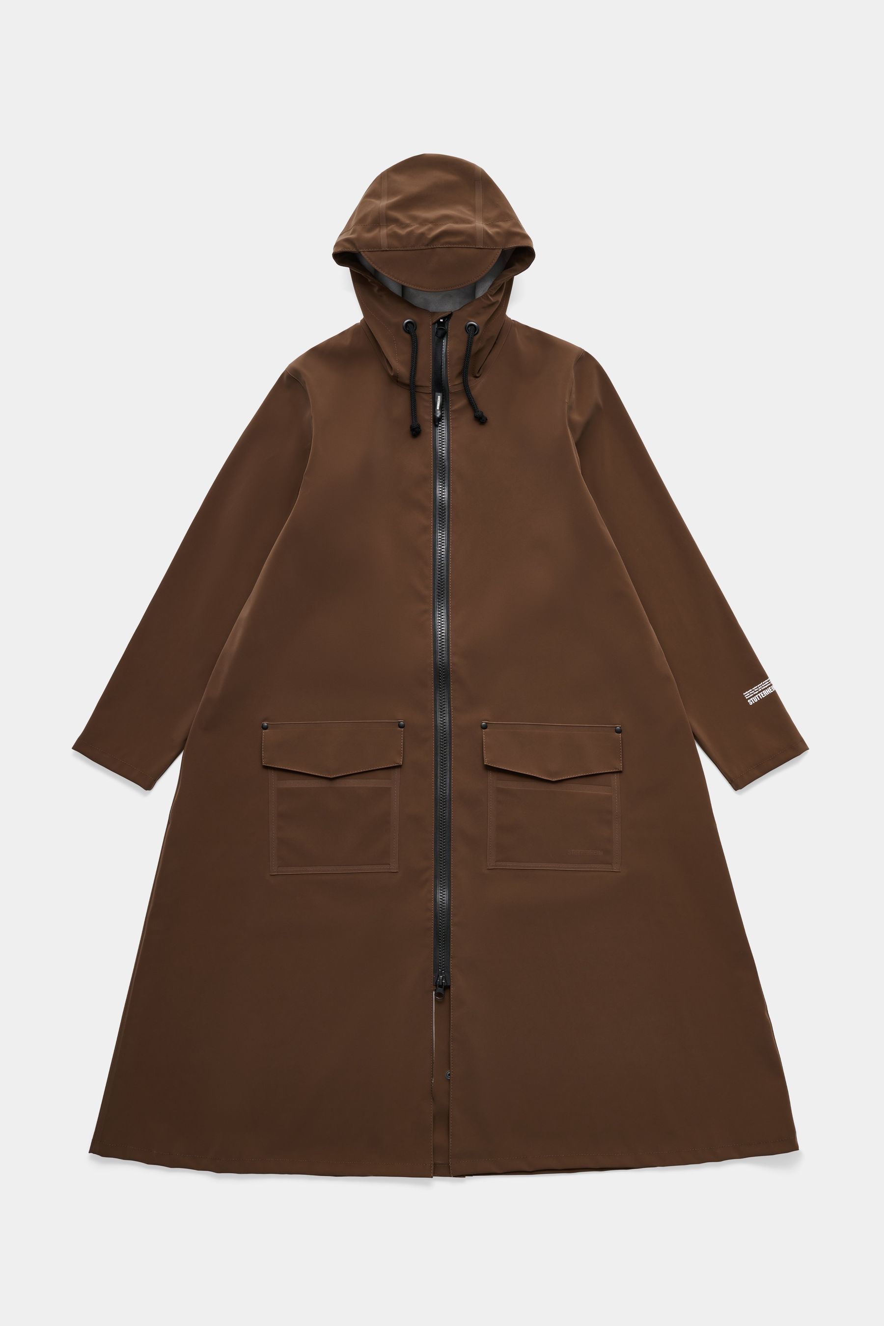 stutterheim mosebacke long patch raincoat dark brown women jackets long-raincoats