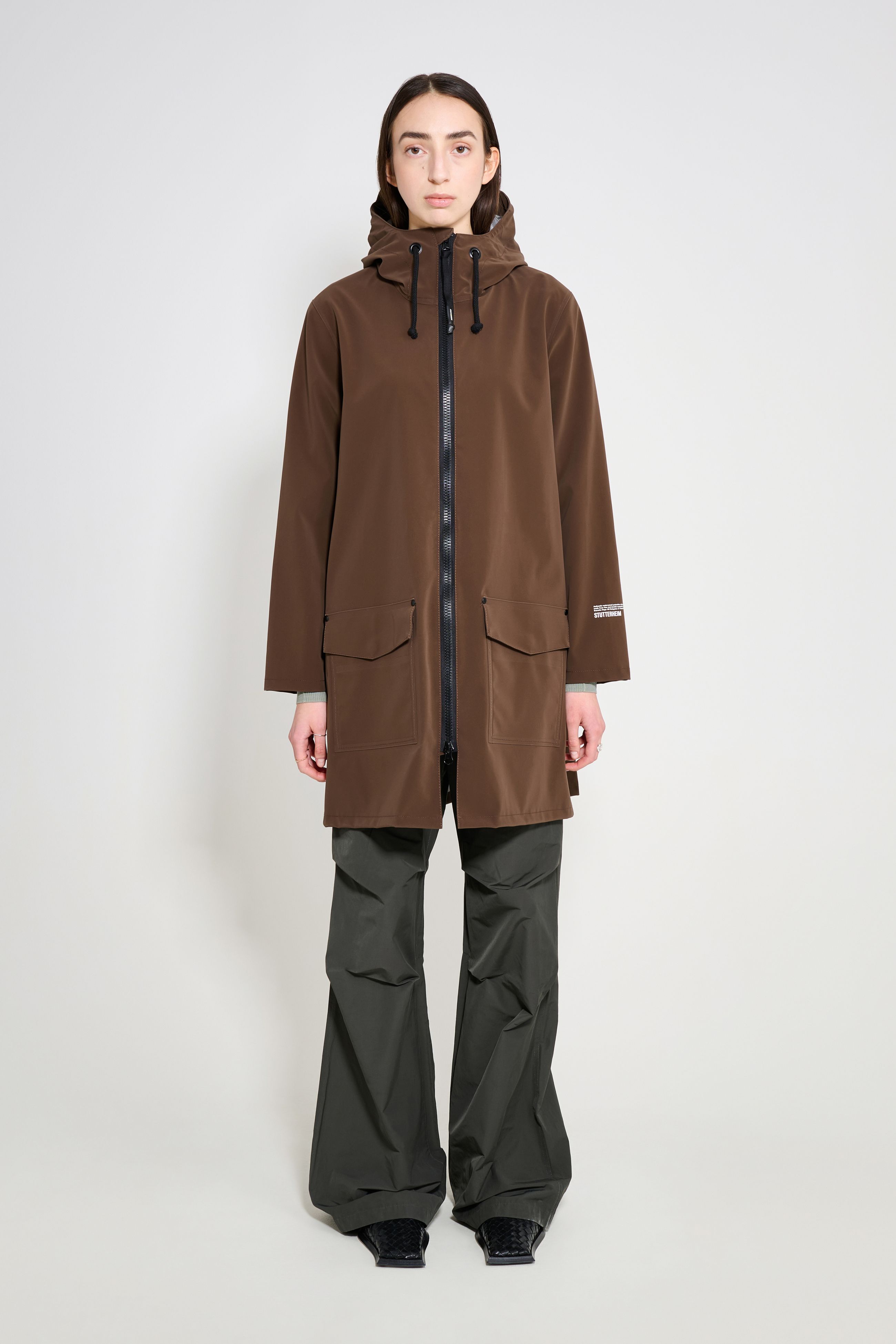 stutterheim mosebacke patch raincoat dark brown women jackets raincoats