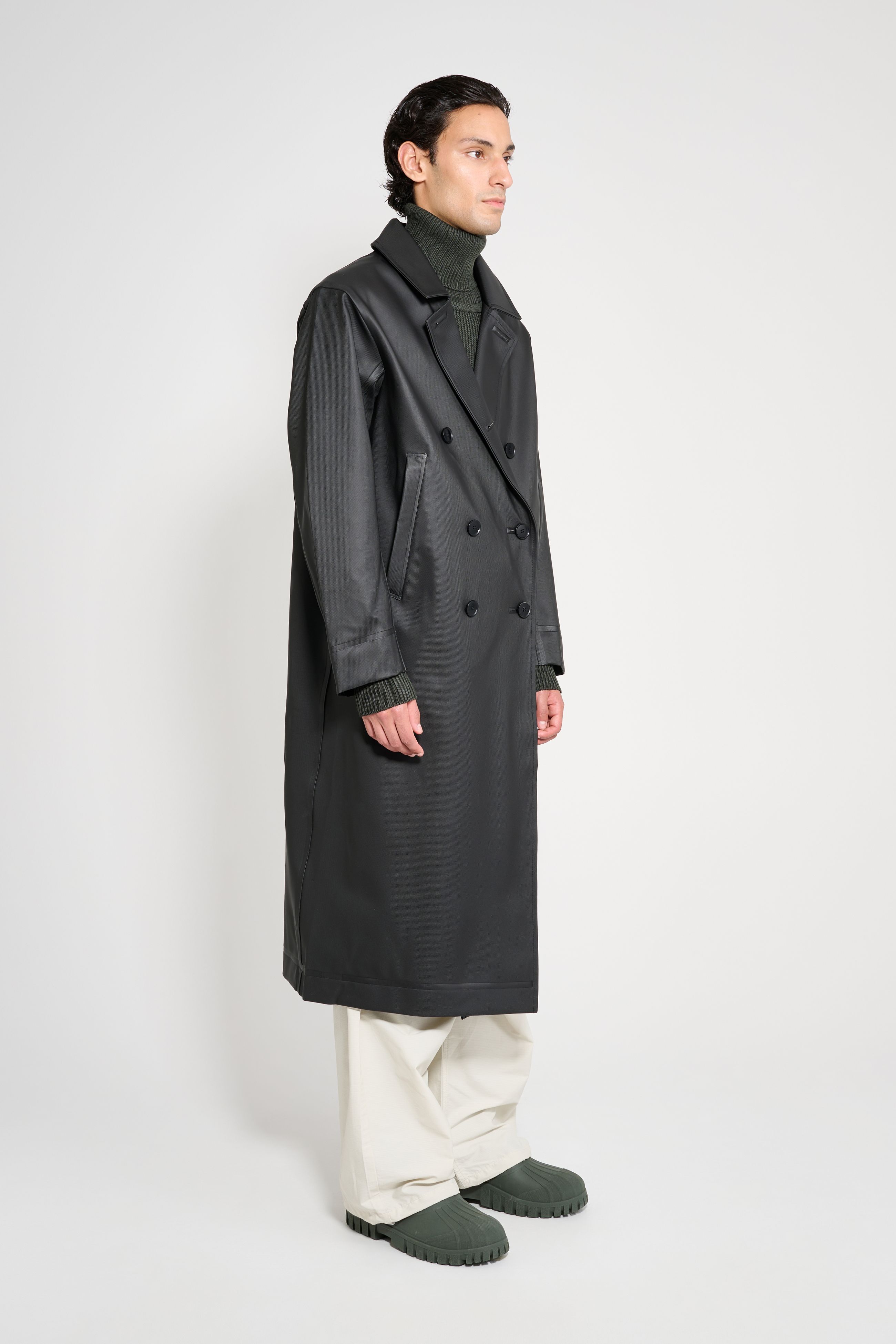 Stutterheim Rosenbad Long Double Breasted Overcoat In Black