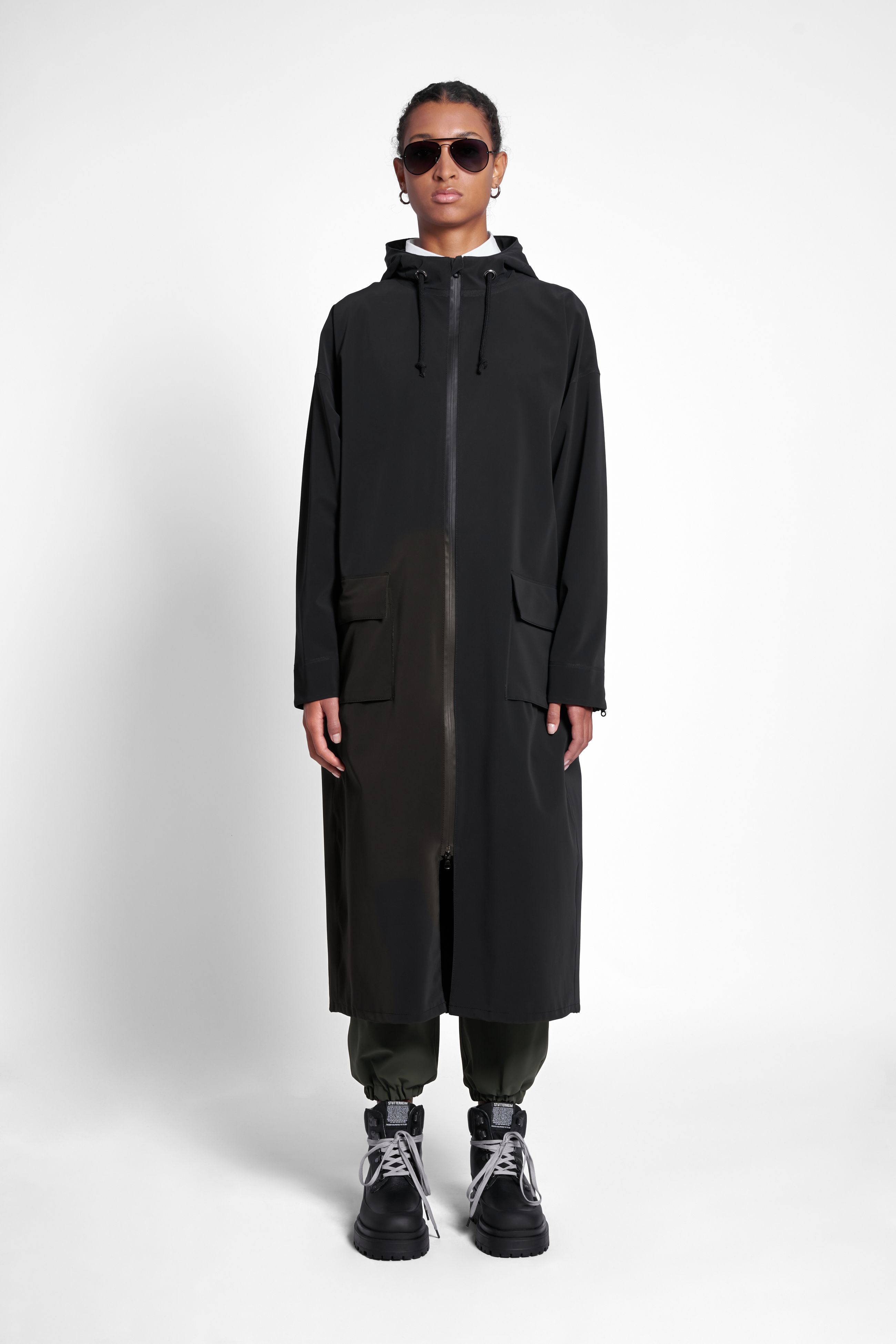 stutterheim sandviken long matte zip raincoat black women jackets raincoats