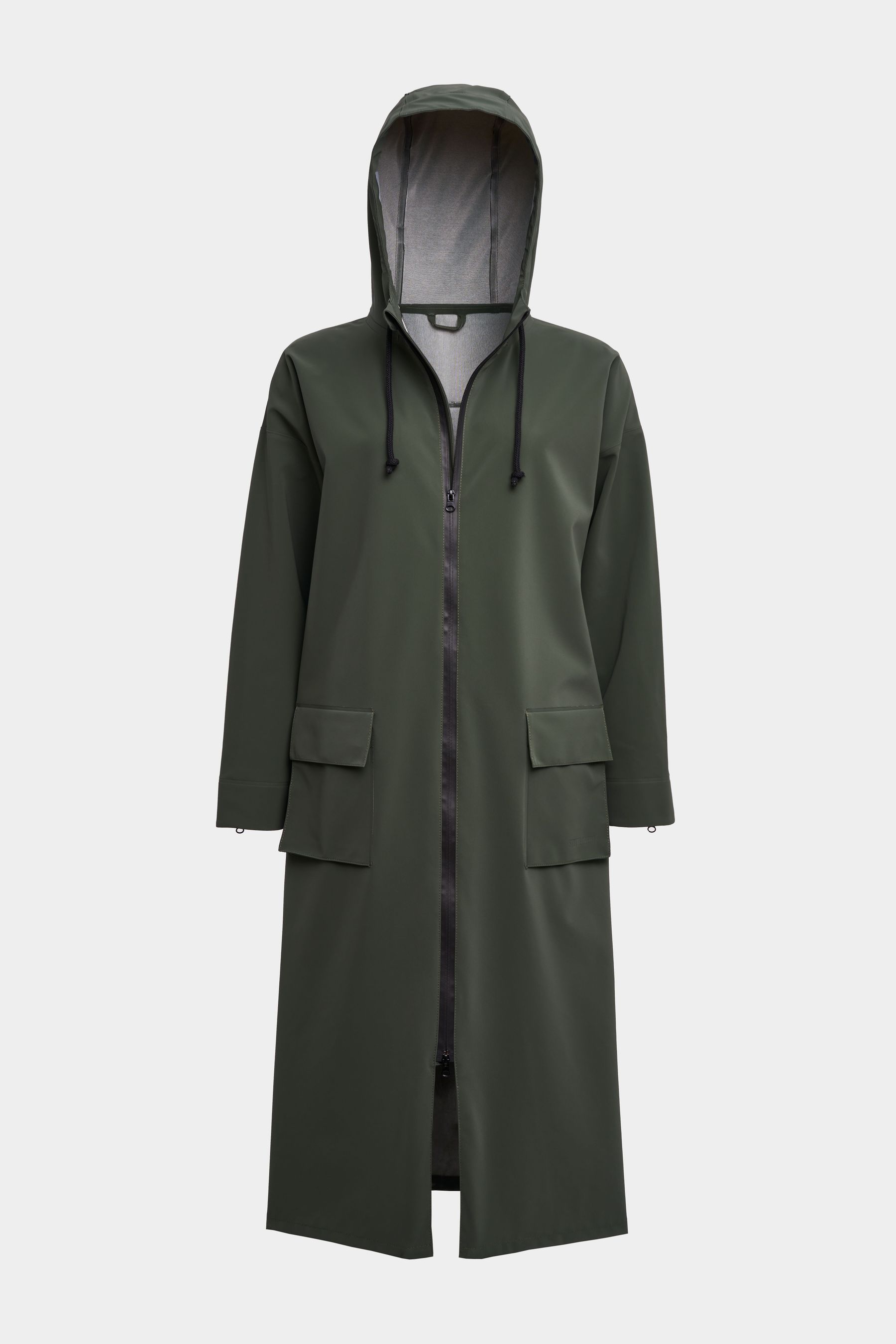 stutterheim sandviken long matte zip raincoat green women jackets long-raincoats