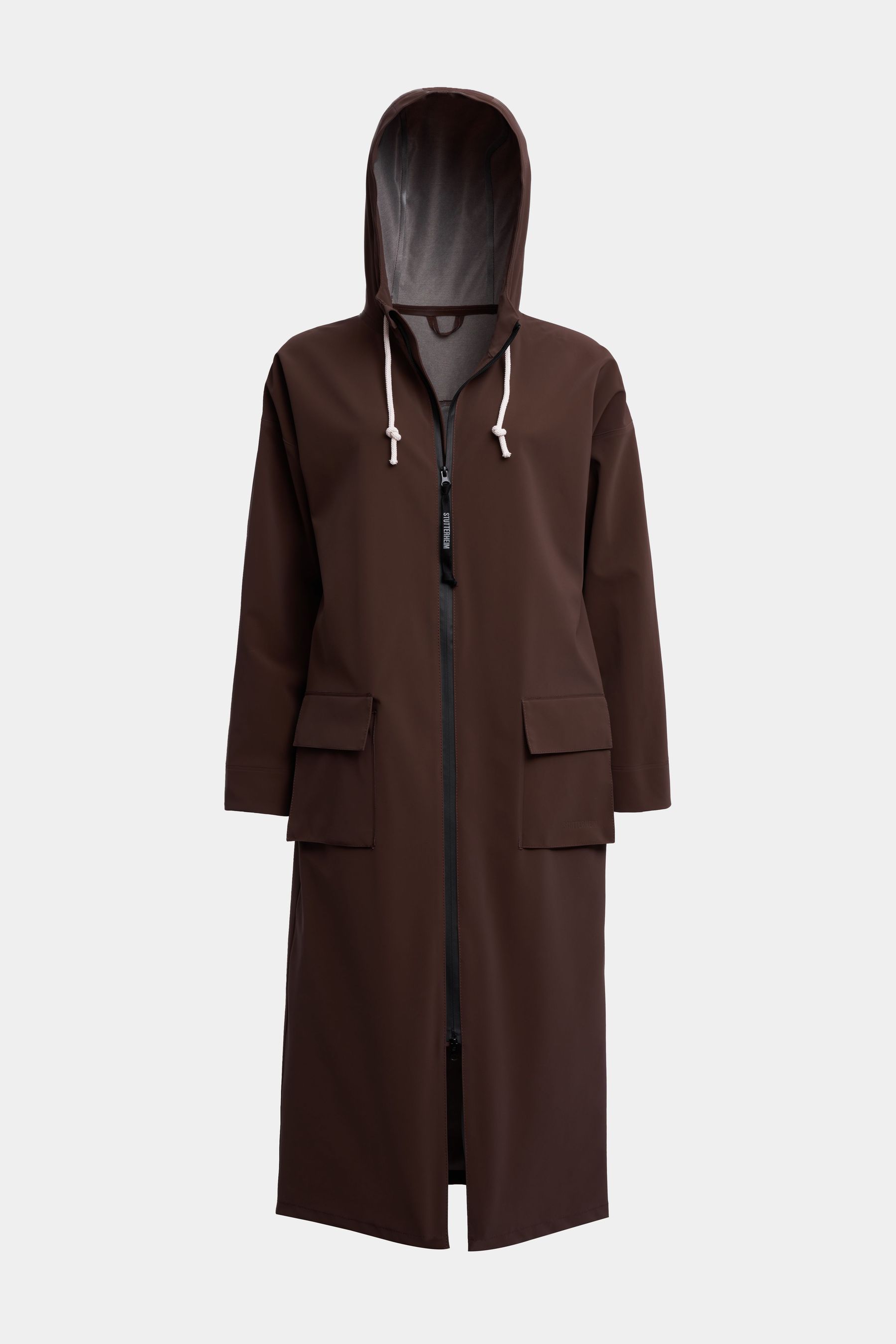 stutterheim sandviken long zip matte raincoat dark brown women jackets long-raincoats