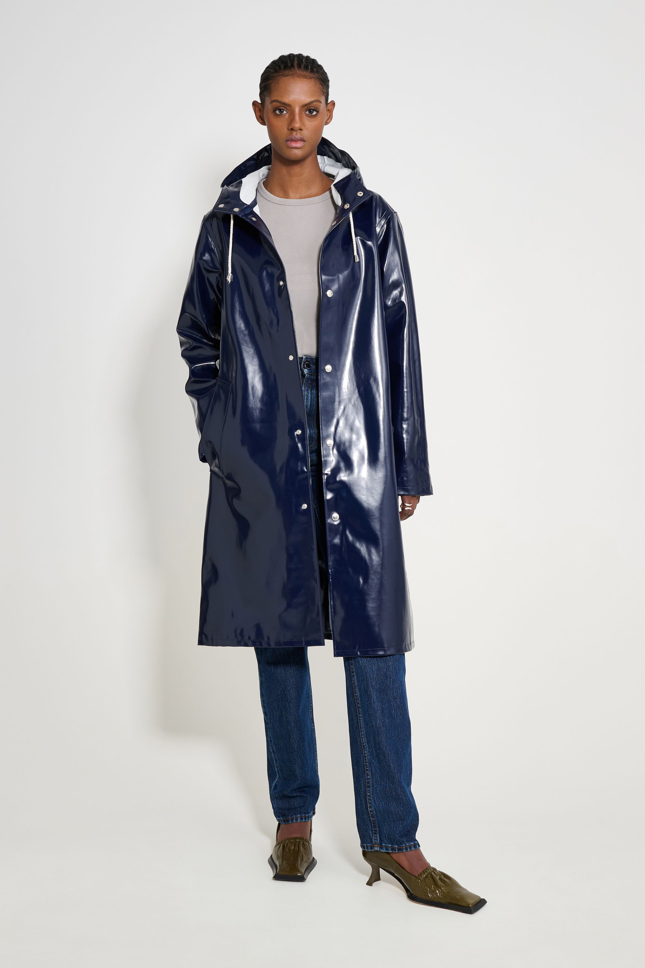 stutterheim stockholm long opal raincoat navy women jackets raincoats