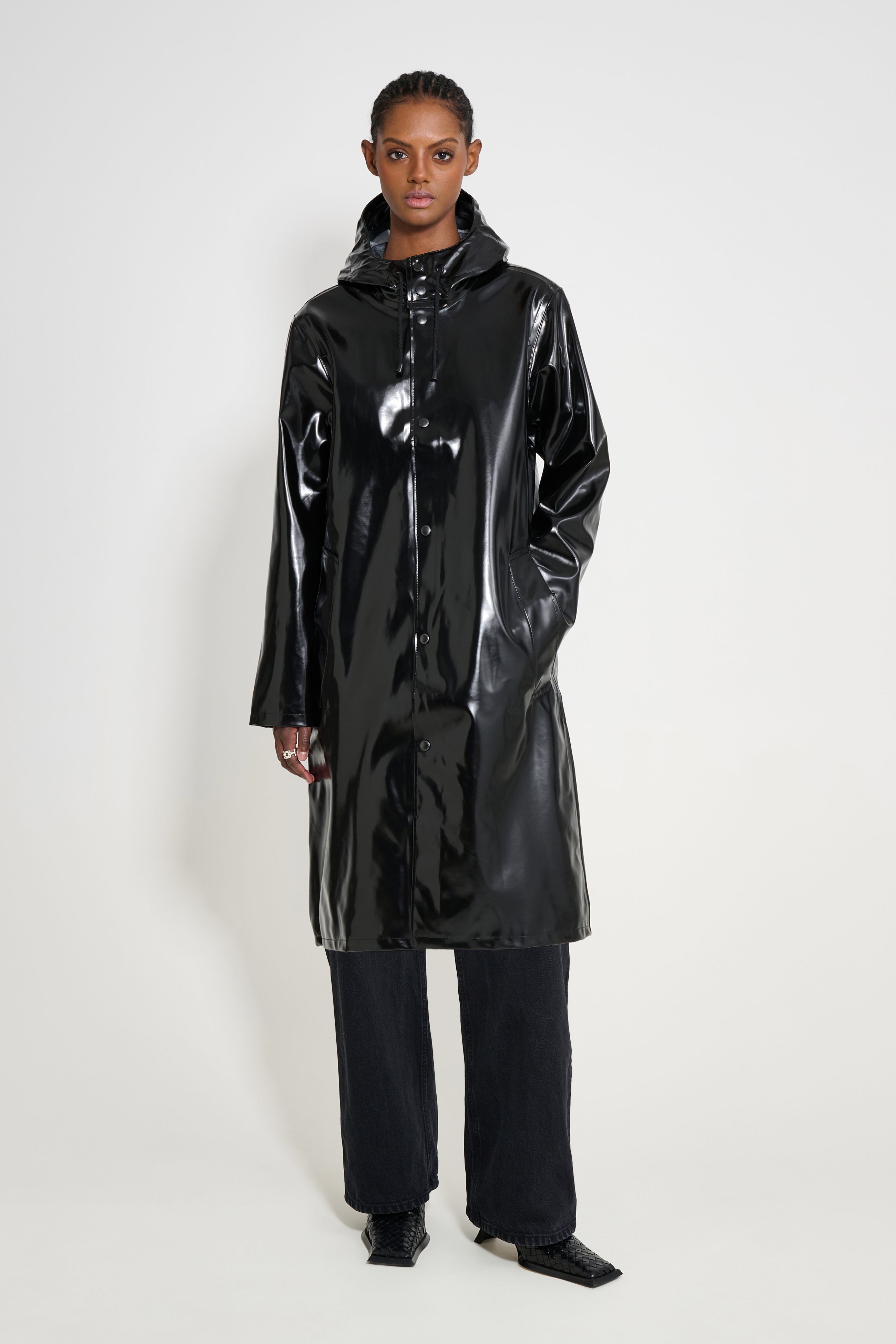 stutterheim stockholm long opal raincoat black women jackets long-raincoats