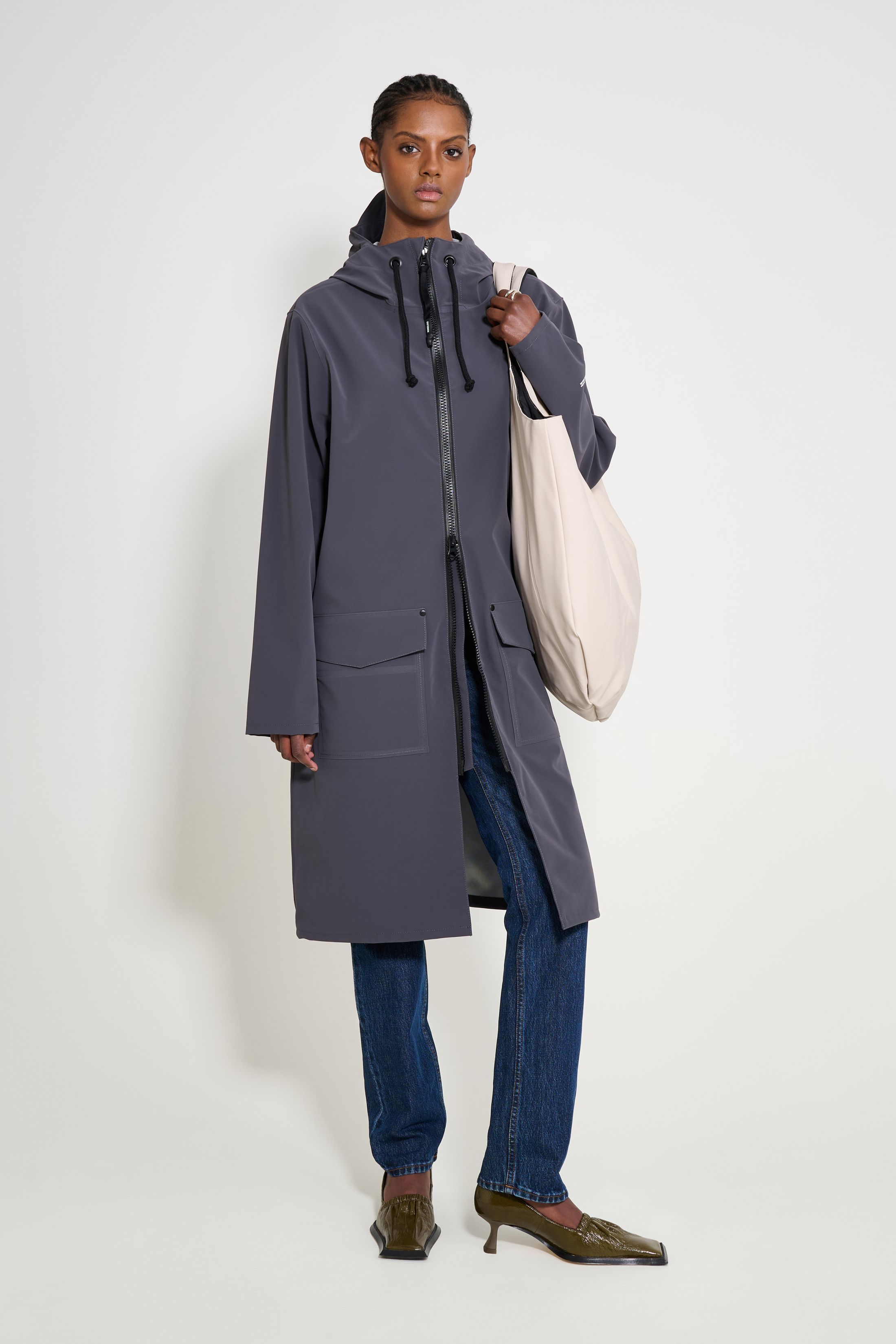 stutterheim stockholm long patch raincoat mystic blue women jackets long-raincoats