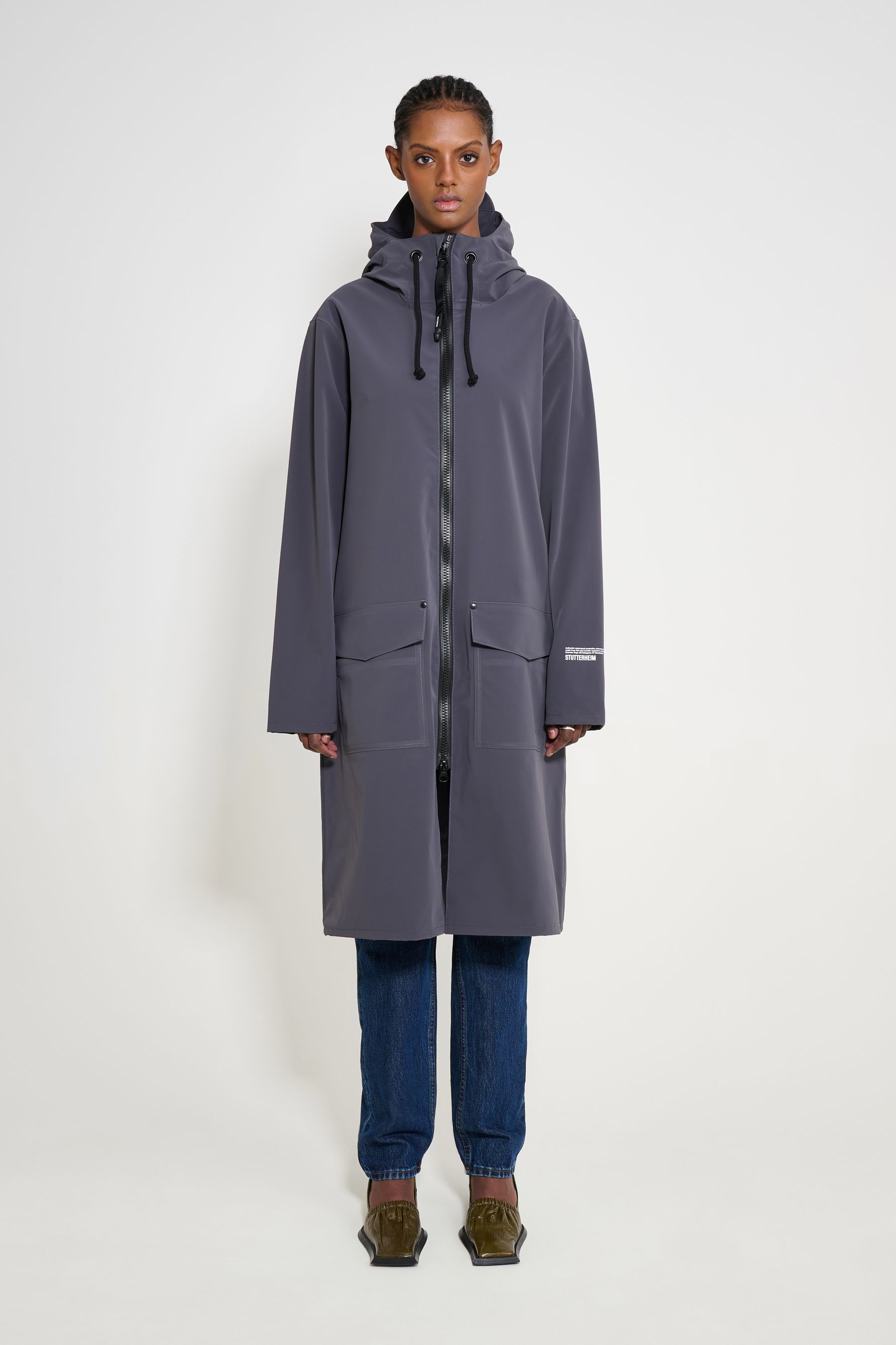 stutterheim stockholm long patch raincoat mystic blue women jackets long-raincoats