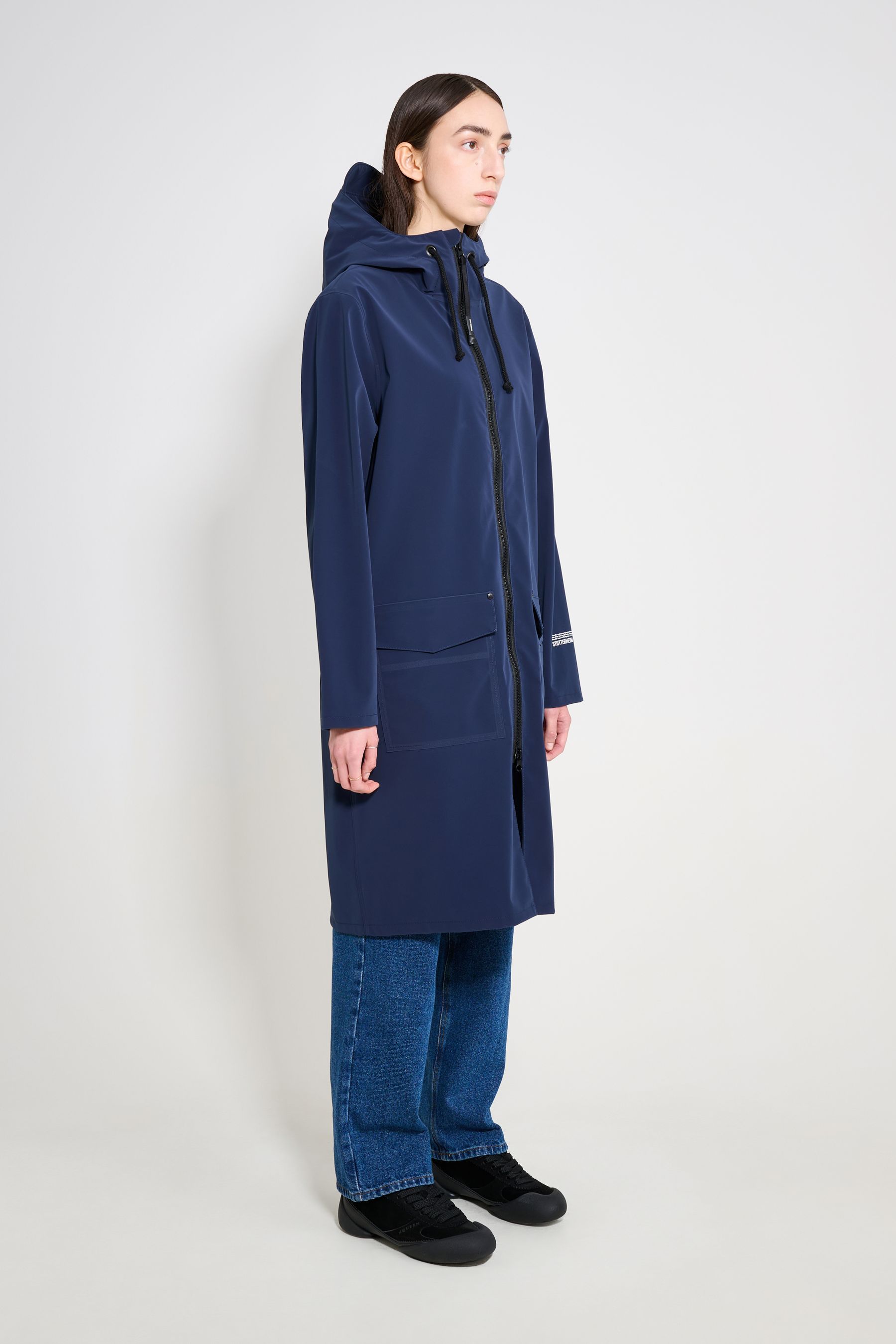 stutterheim stockholm long patch raincoat navy women jackets long-raincoats