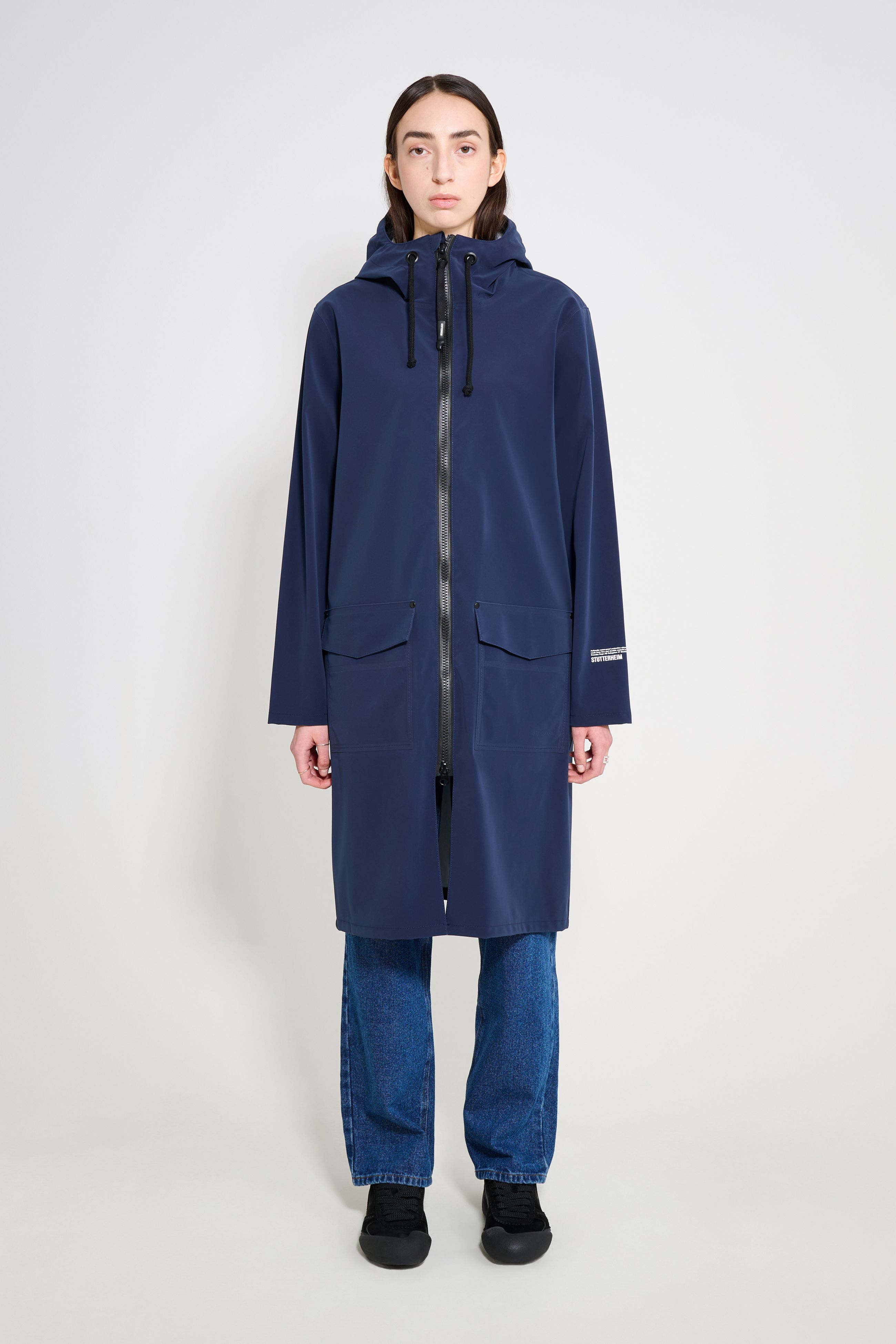 stutterheim stockholm long patch raincoat navy women jackets long-raincoats