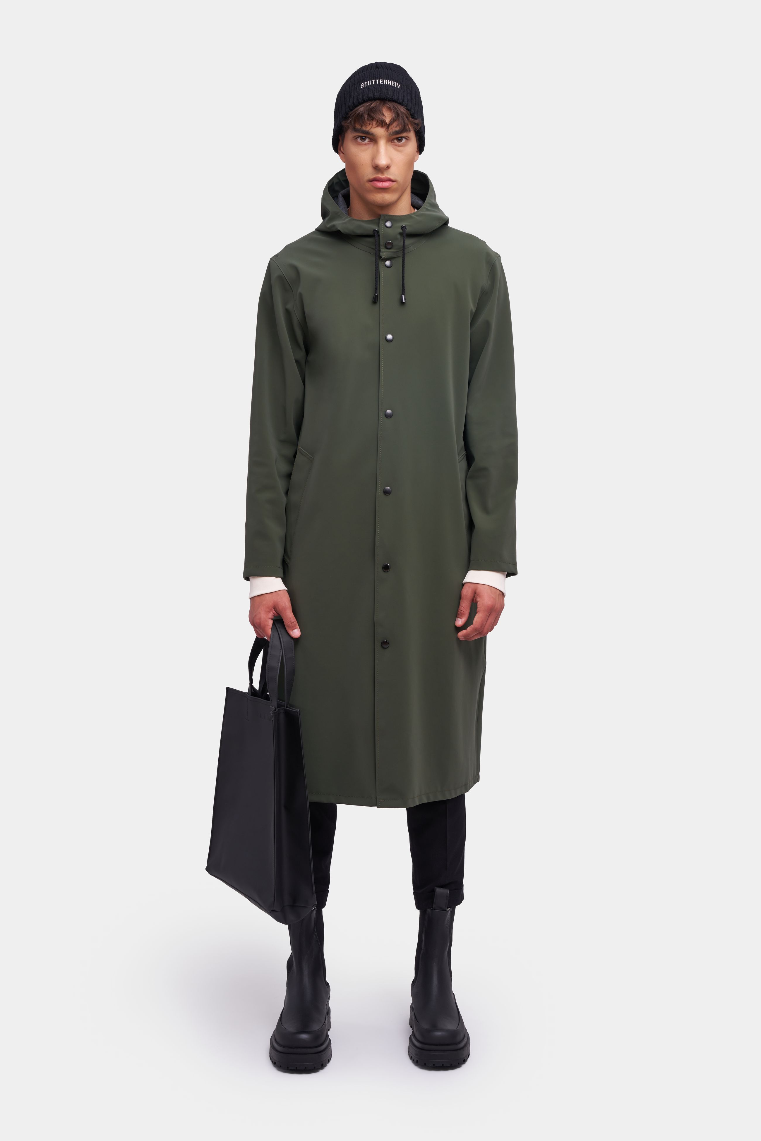 stutterheim stockholm long matte print raincoat dark green men jackets raincoats