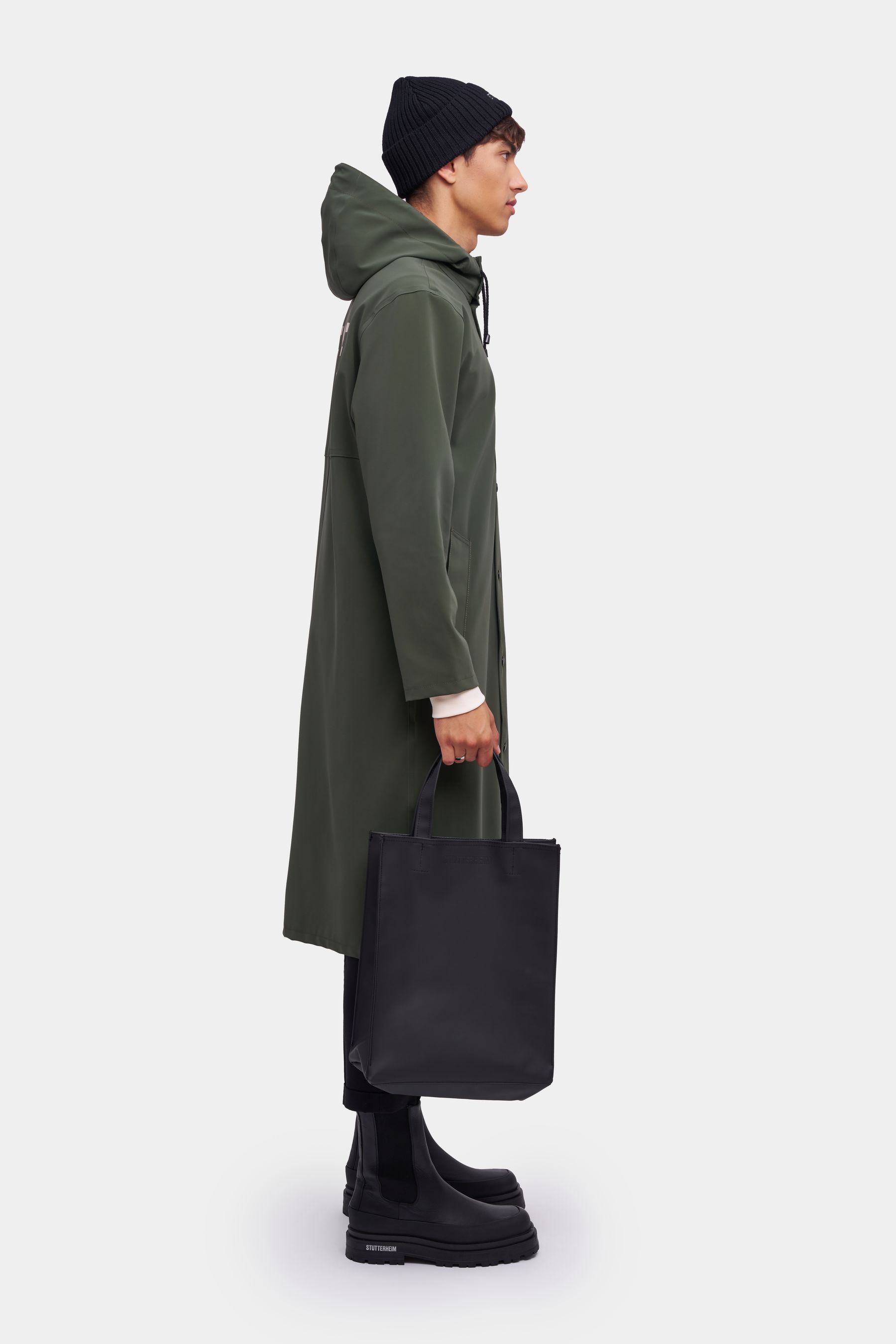 stutterheim stockholm long matte print raincoat dark green men jackets raincoats