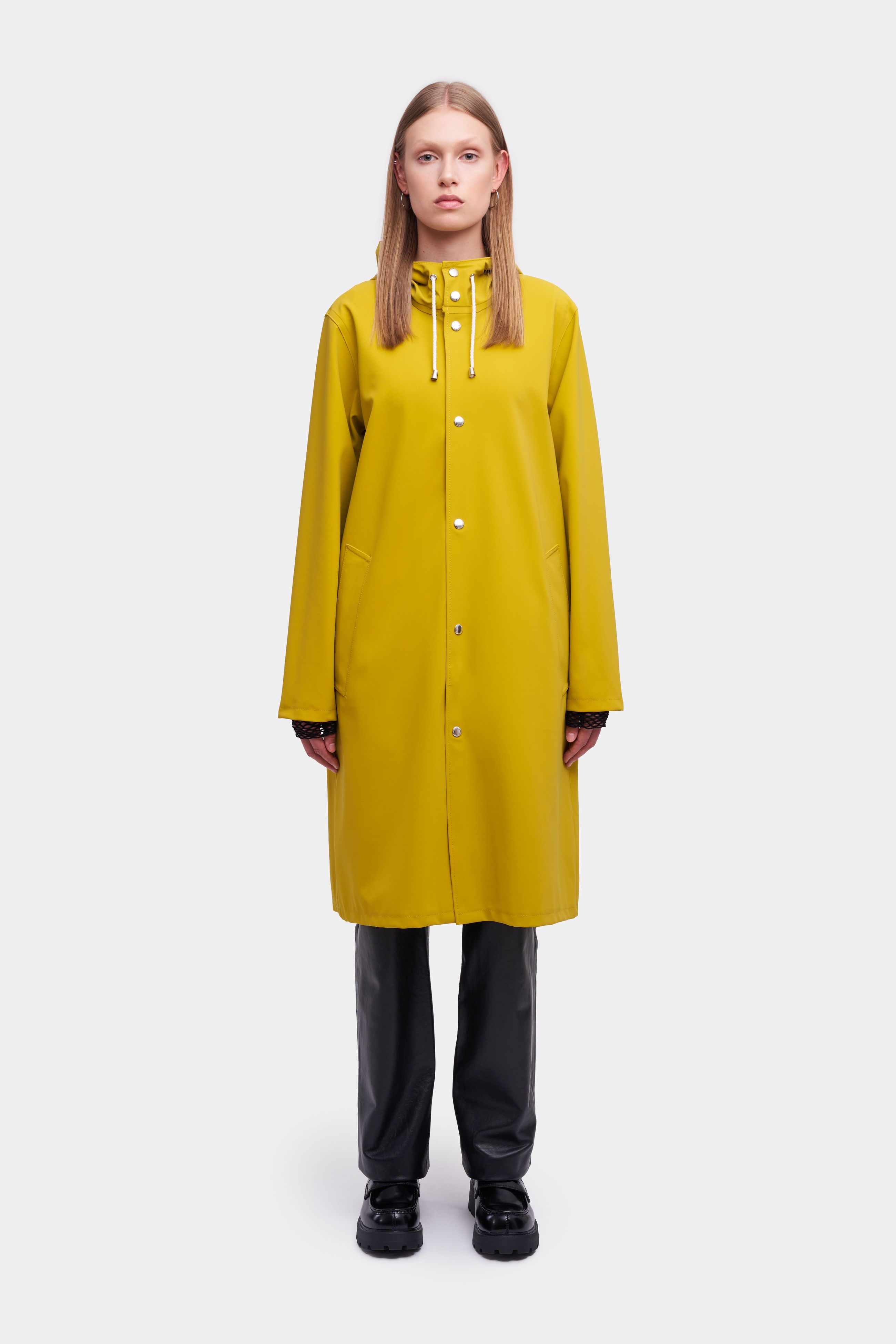 stutterheim stockholm long matte print raincoat gold women jackets raincoats