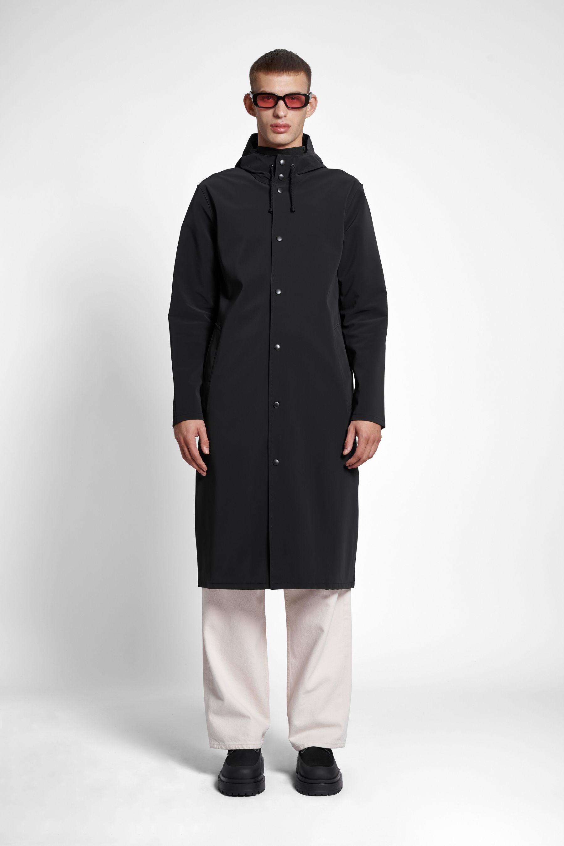 stutterheim stockholm long matte print raincoat black men jackets raincoats