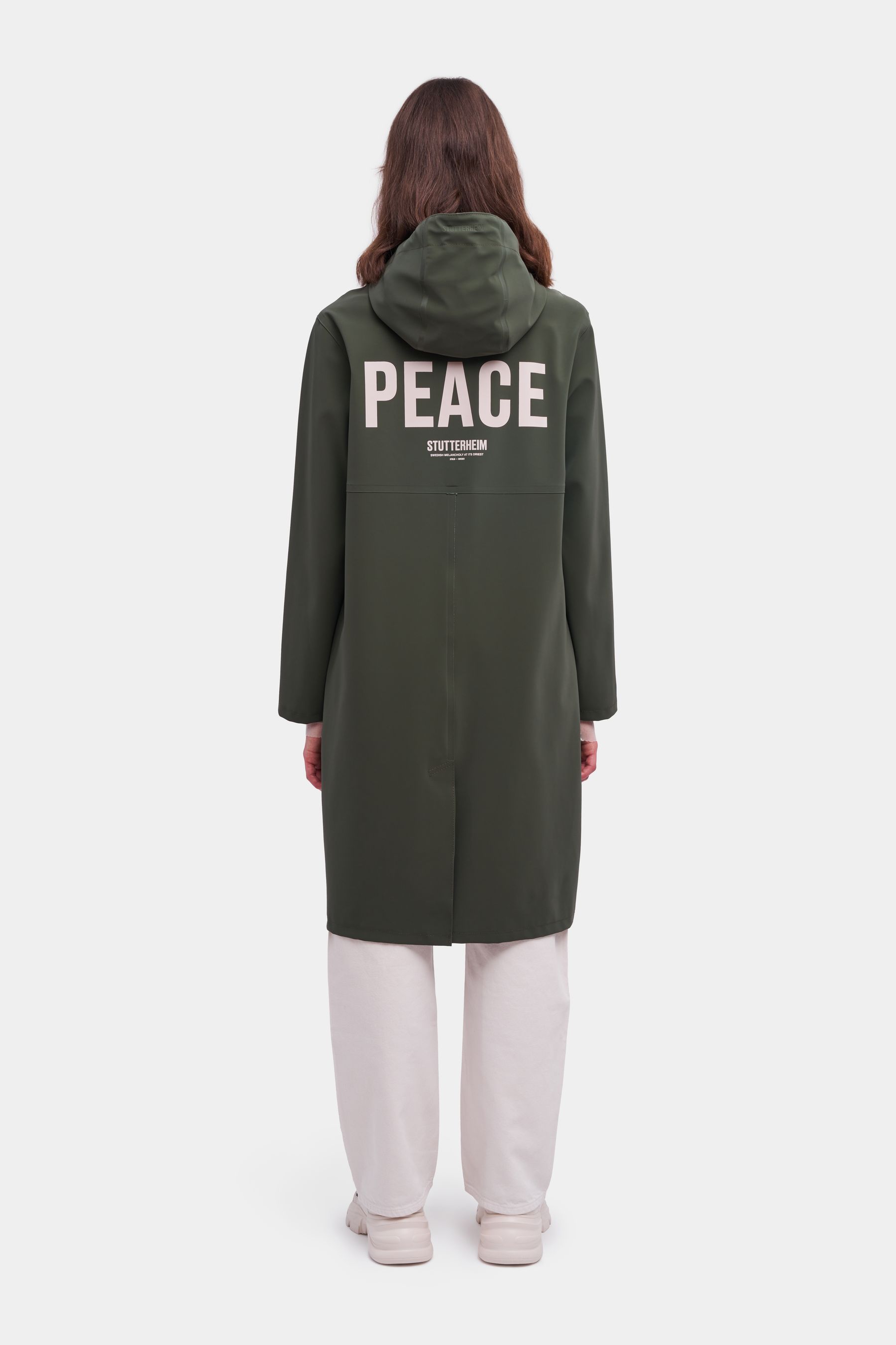 stutterheim stockholm long matte print raincoat dark green women jackets raincoats