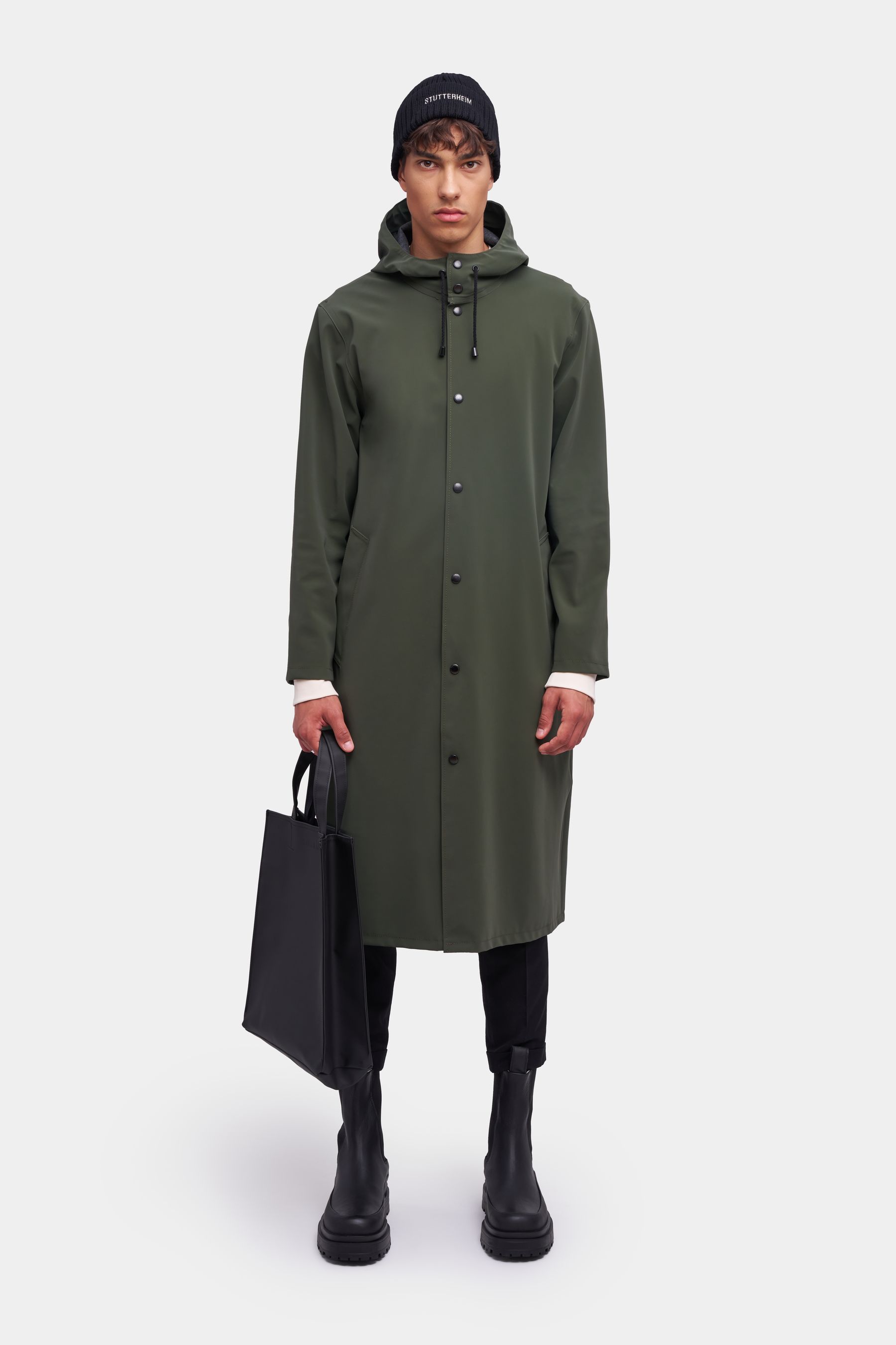 stutterheim stockholm long matte print raincoat dark green women jackets raincoats