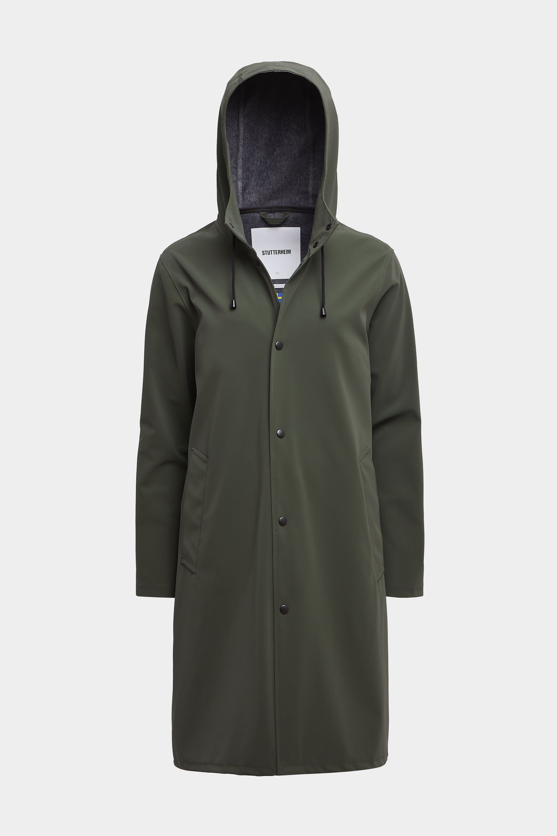 stutterheim stockholm long matte print raincoat dark green women jackets raincoats