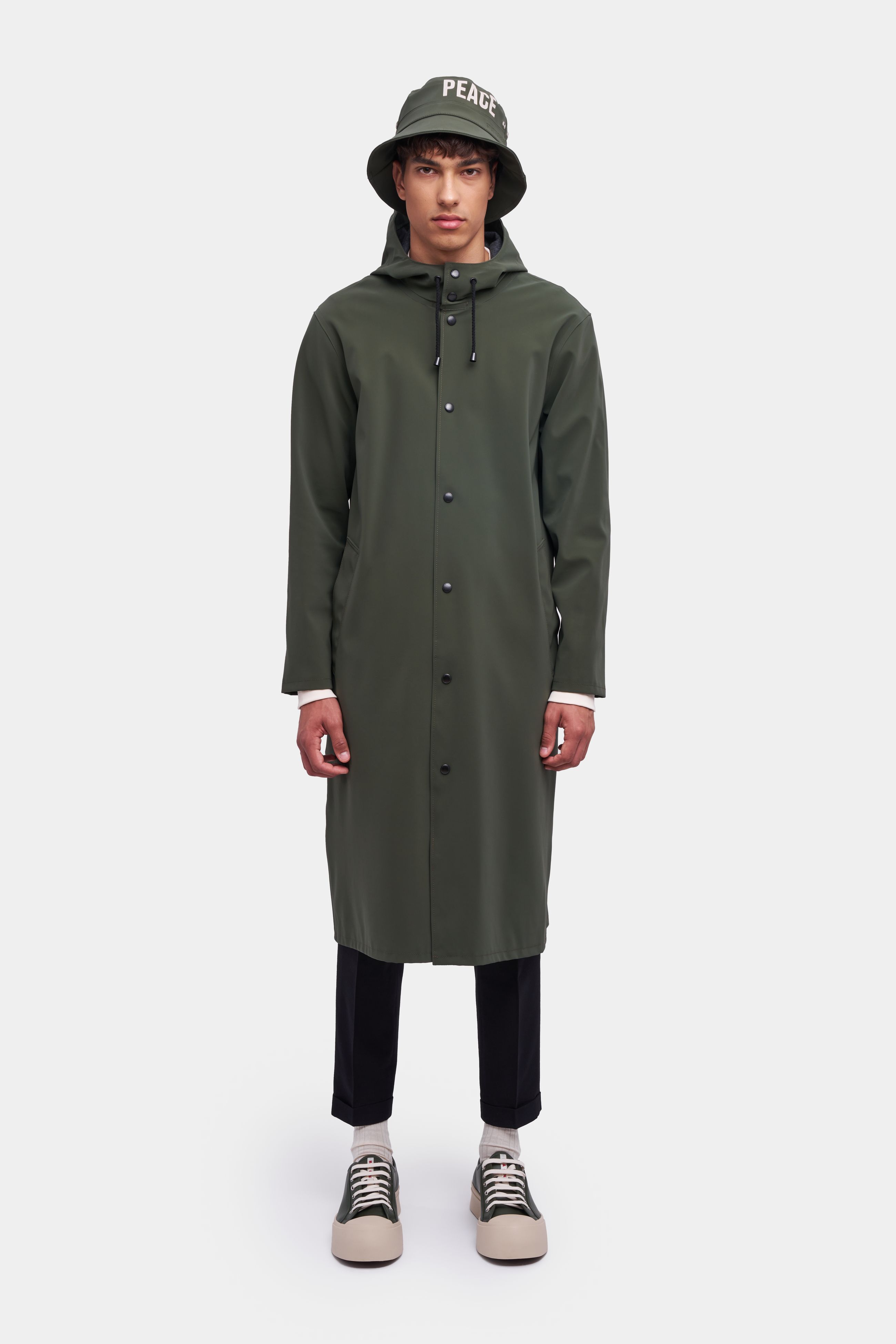 stutterheim stockholm long matte raincoat dark green men jackets raincoats
