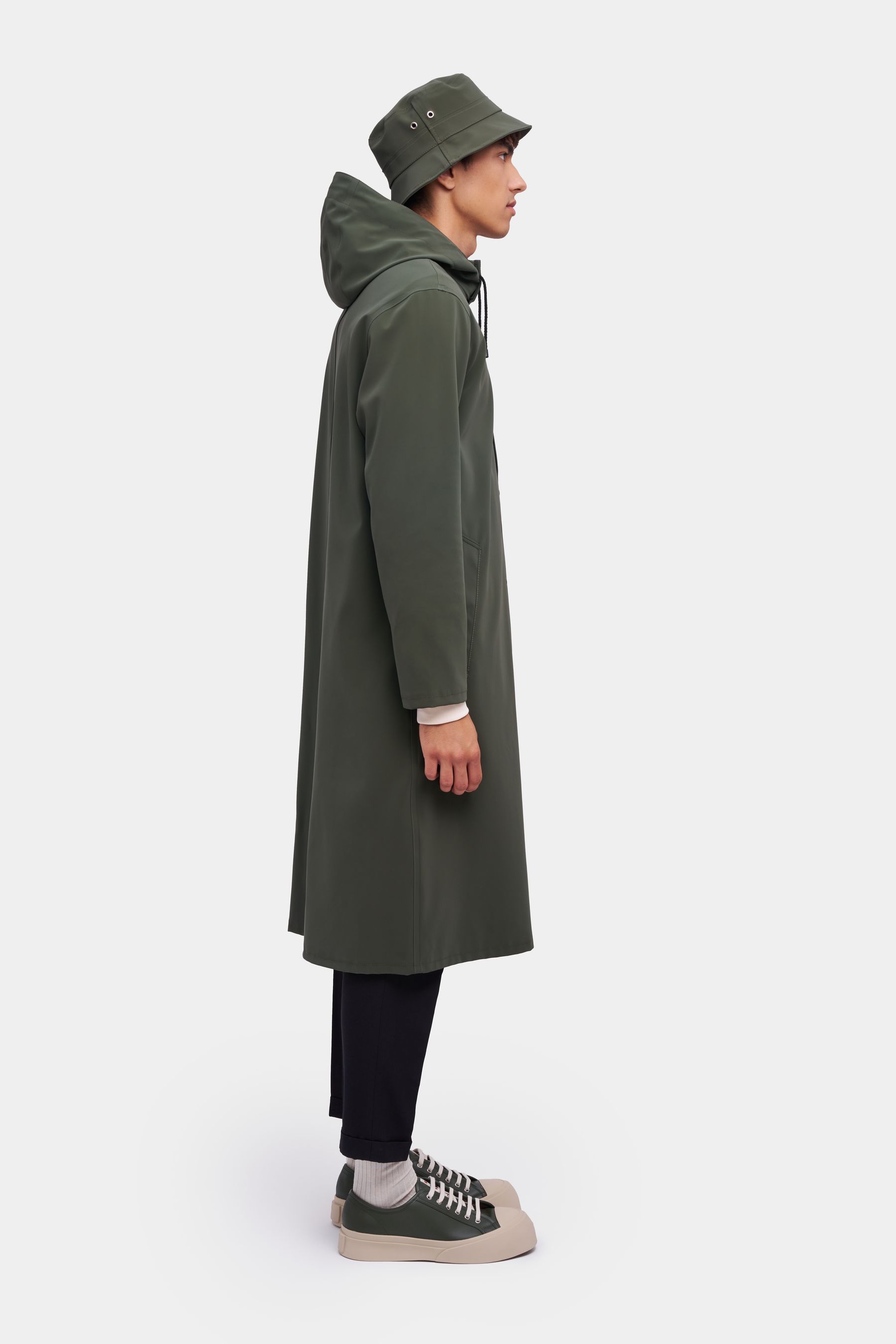stutterheim stockholm long matte raincoat dark green men jackets raincoats