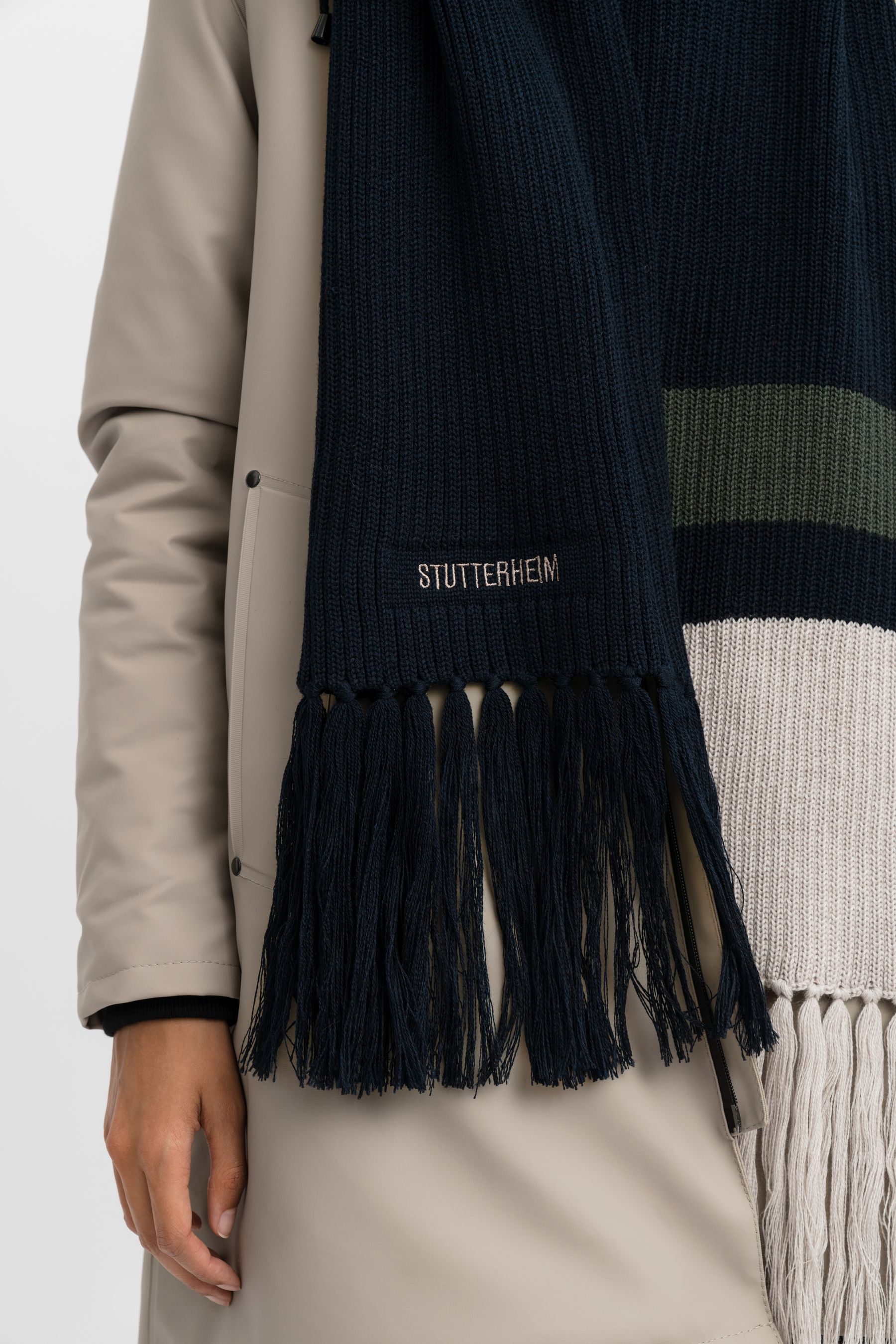 stutterheim fringe scarf navy accessories hats-and-scarves scarves